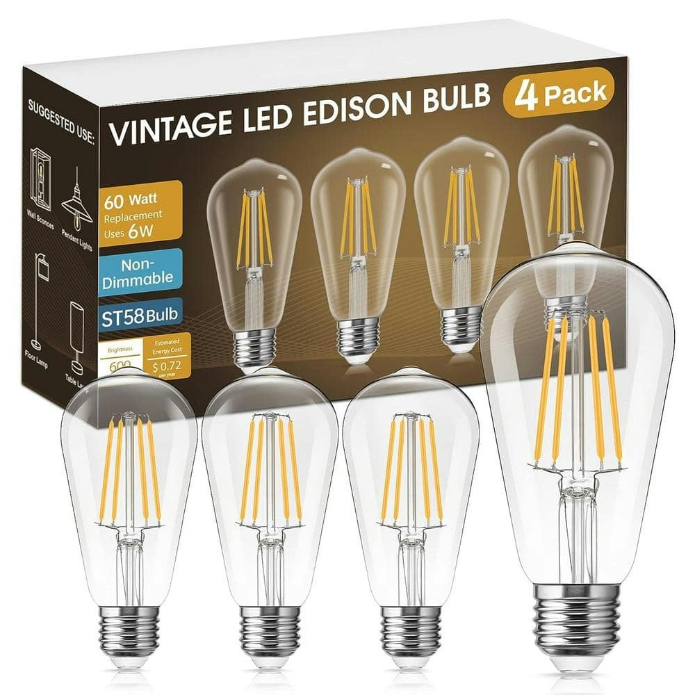 ST58 E26 60-Watt Equivalent Vintage LED Edison Light Bulb 4-Pack: $30
