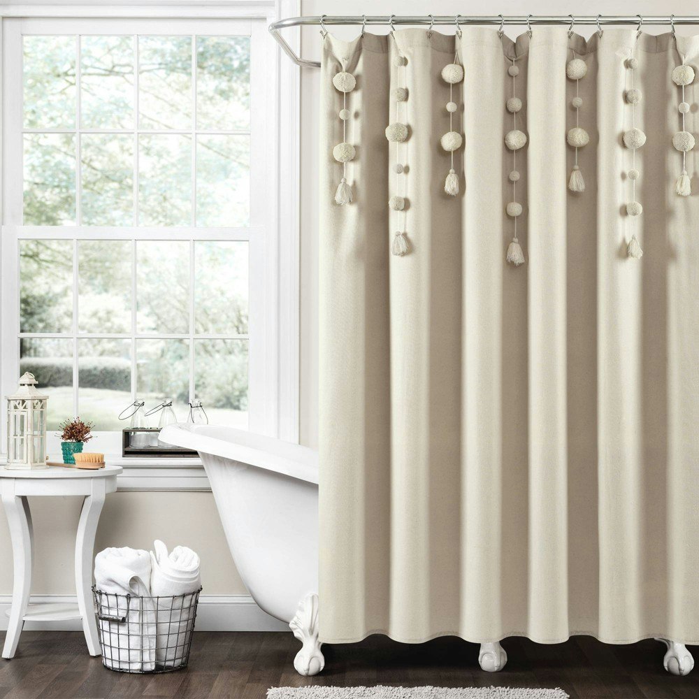 Lush Décor Boho Pom Pom Tassel Linen Shower Curtain: $49.99