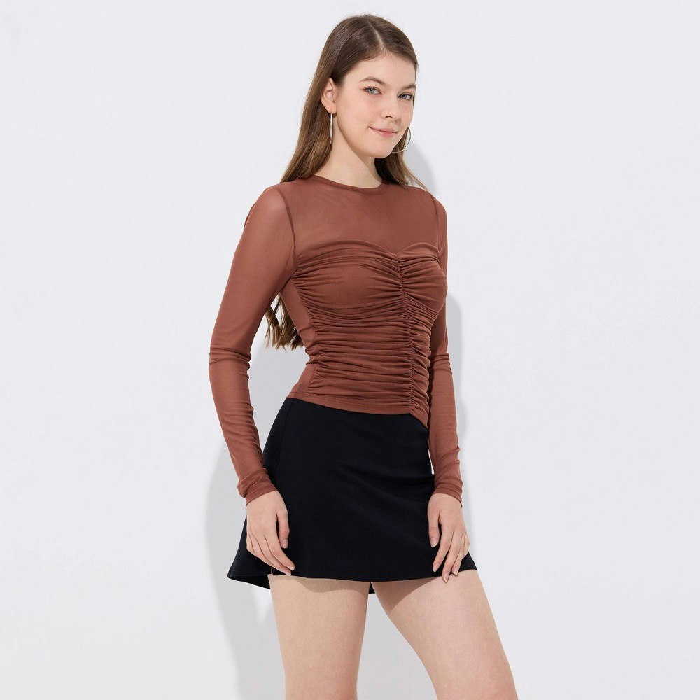 Wild Fable Women's Long Sleeve Ruched Front Mesh Top: $28 Wild Fable Women's Long Sleeve Ruched Front Mesh Top: $28