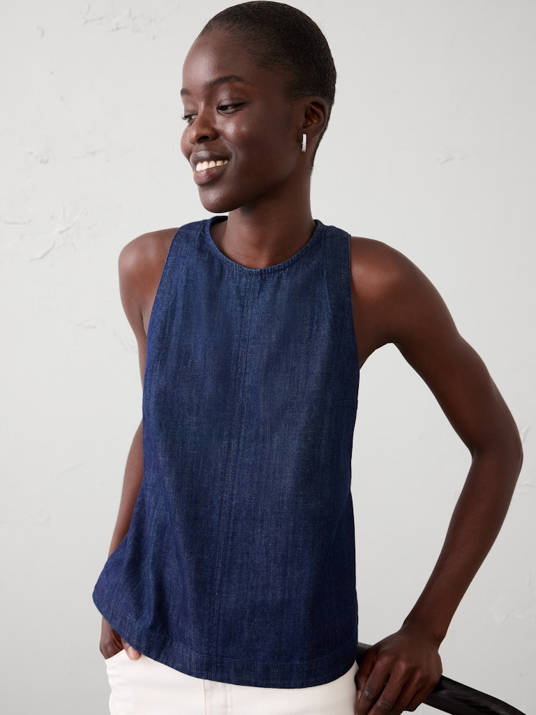 Denim High-Neck Top: $37.50 Denim High-Neck Top: $37.50