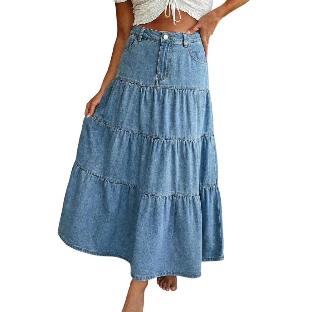 Emmiol Women's High Waisted Tiered Denim Maxi Skirt: $32.98 Emmiol Women's High Waisted Tiered Denim Maxi Skirt: $32.98
