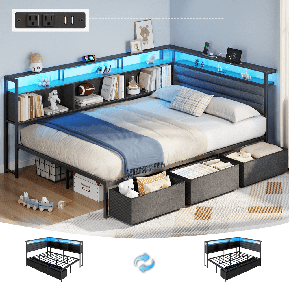 Satifur L-Shaped Corner Full Bed Frame with Storage: $179.98 Satifur L-Shaped Corner Full Bed Frame with Storage: $179.98