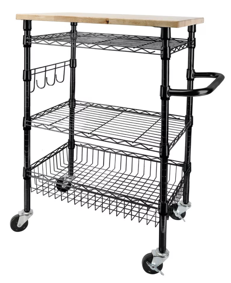 Rubbermaid 3-Tier Rolling Utility Cart w/ Solid Wood Top: $36