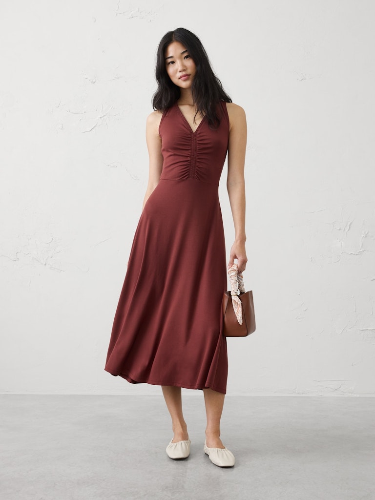 Shirred V-Neck Midi Dress: $65 Shirred V-Neck Midi Dress: $65
