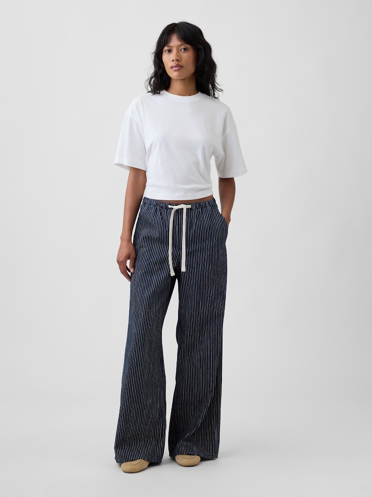 Mid Rise Railroad Stripe Pull-On Wide-Leg Jeans: $53.99 Mid Rise Railroad Stripe Pull-On Wide-Leg Jeans: $53.99