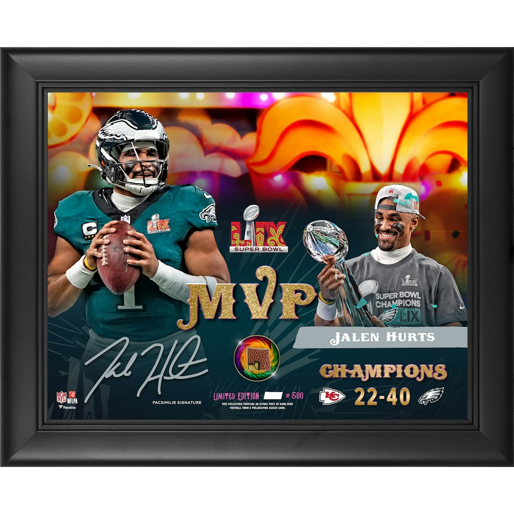 Jalen Hurts Philadelphia Eagles Super Bowl LIX MVP Framed 13" x 16" Collage: $79.99 Jalen Hurts Philadelphia Eagles Super Bowl LIX MVP Framed 13" x 16" Collage: $79.99