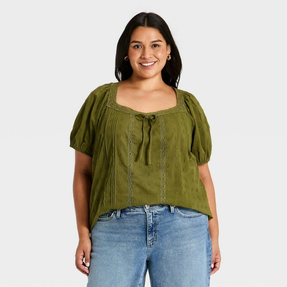 Ava & Viv Women's Plus Short Puff Sleeve V-Neck Lace Trim Top: $35 Ava & Viv Women's Plus Short Puff Sleeve V-Neck Lace Trim Top: $35