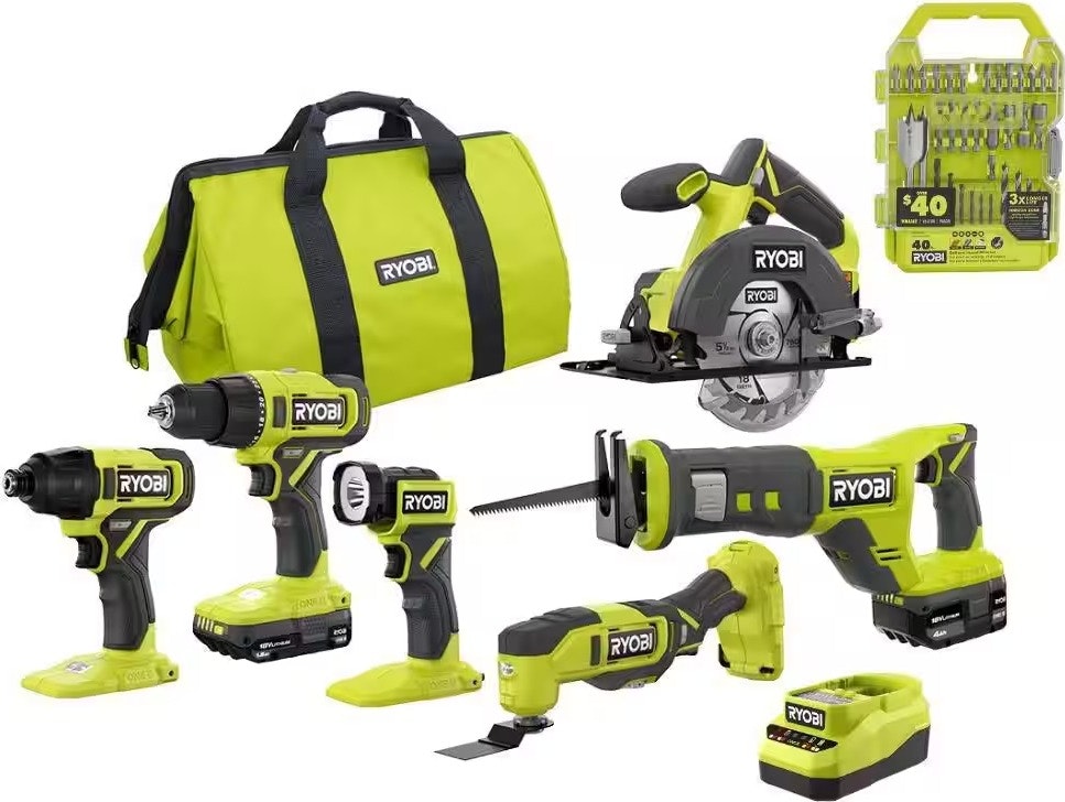 Ryobi ONE+ 18V Cordless 6-Tool Combo Kit w/ 2 Batteries & 40-Piece Bit Kit: $212
