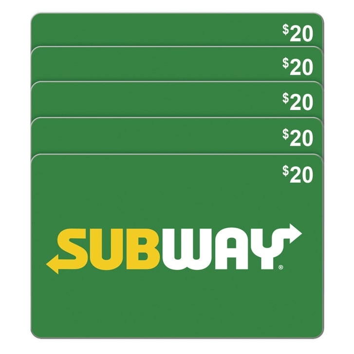 Subway Five $20 eGift Cards ($100 Value): $80 Subway Five $20 eGift Cards ($100 Value): $80