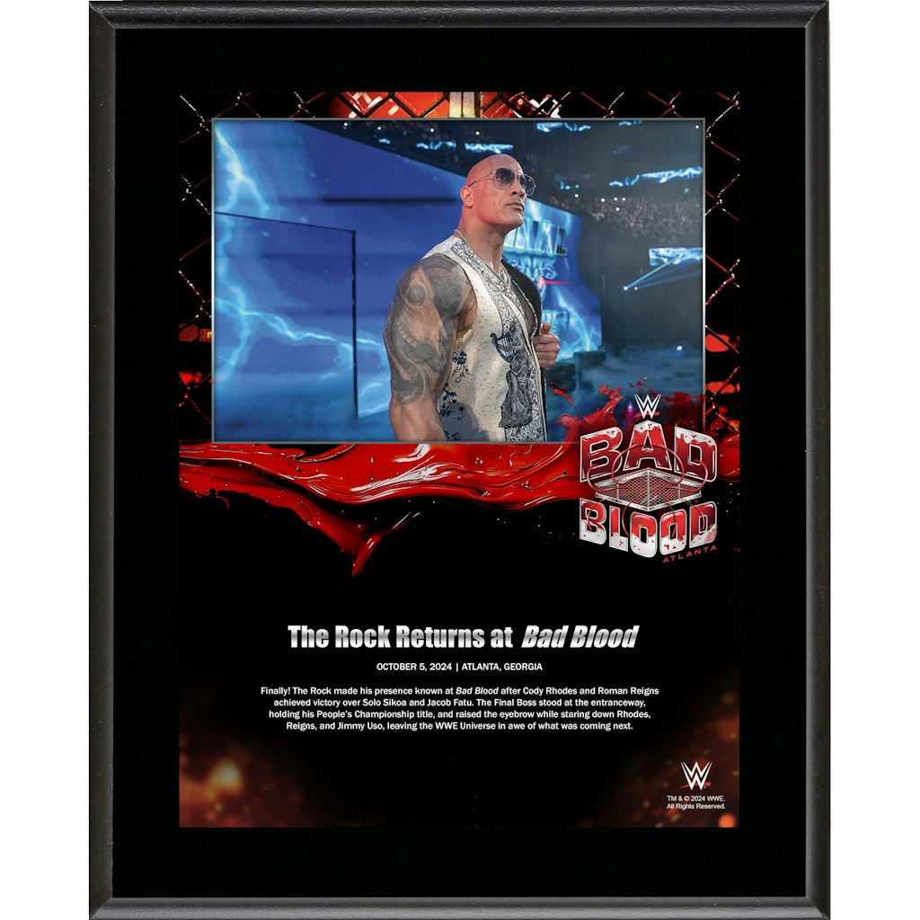 The Rock WWE 10.5" x 13" 2024 Bad Blood Sublimated Plaque: $29.99 The Rock WWE 10.5" x 13" 2024 Bad Blood Sublimated Plaque: $29.99