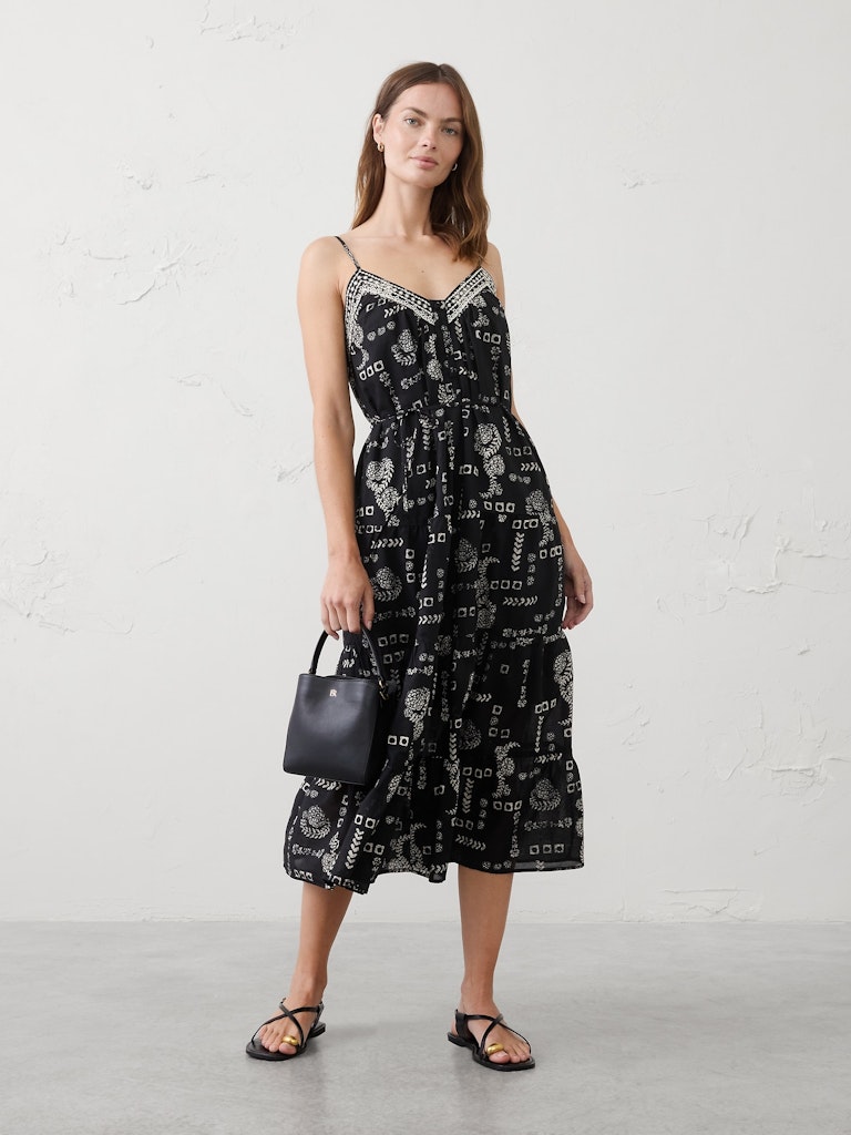 Strappy Embroidered Tiered Midi Dress: $75 Strappy Embroidered Tiered Midi Dress: $75