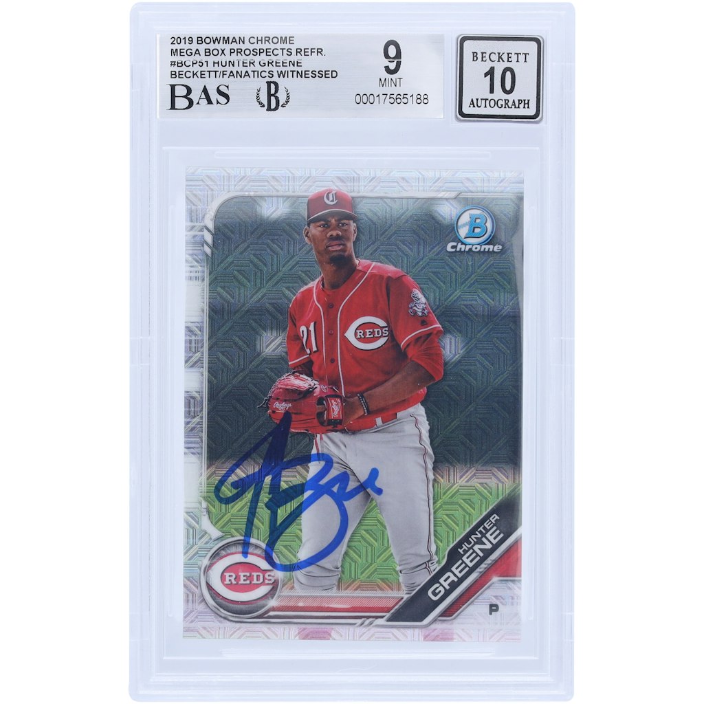 Hunter Greene Autographed 2019 Bowman Chrome Prospects Refractor Card: $199.99 Hunter Greene Autographed 2019 Bowman Chrome Prospects Refractor Card: $199.99