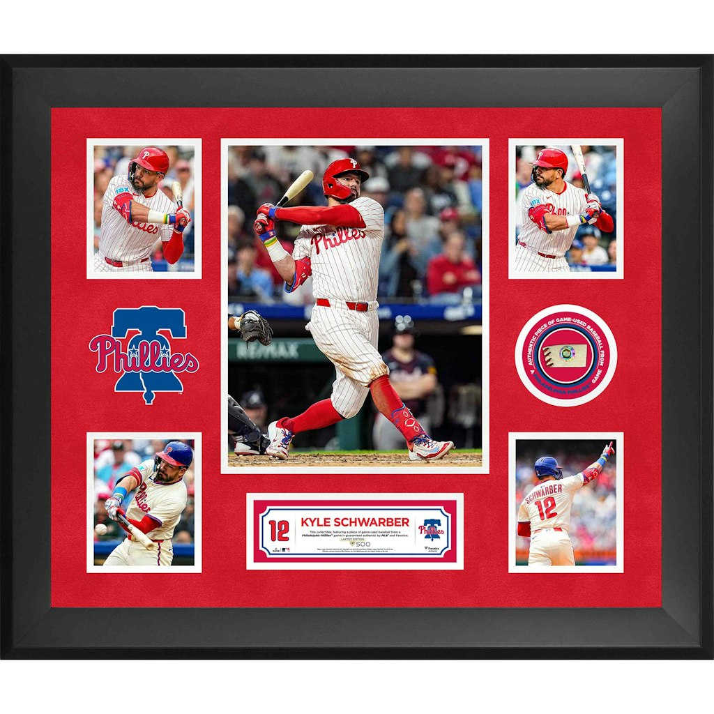 Kyle Schwarber Philadelphia Phillies Framed 5-Photo Collage with Game-Used Ball Piece: $129.99 Kyle Schwarber Philadelphia Phillies Framed 5-Photo Collage with Game-Used Ball Piece: $129.99
