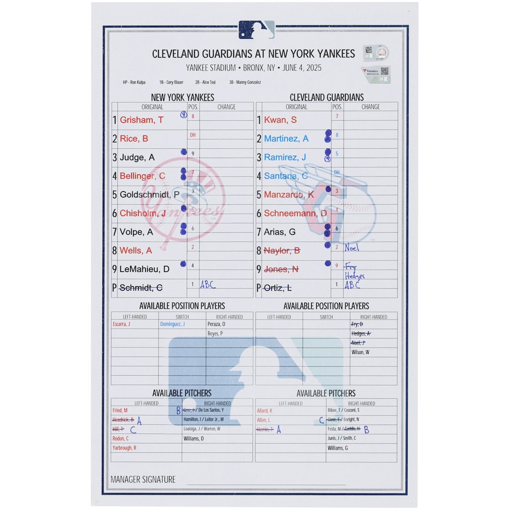New York Yankees Game-Used Lineup Card 6/4/2025: $299.99 New York Yankees Game-Used Lineup Card 6/4/2025: $299.99