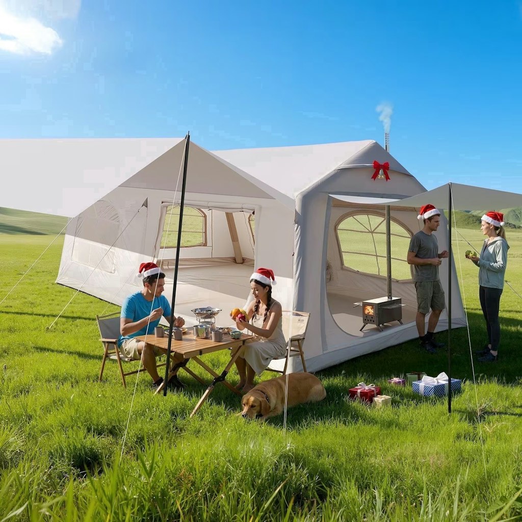 Lilypelle 12-Person Inflatable Camping Tent w/ Canopy, Stove Jack & AC Port: $541
