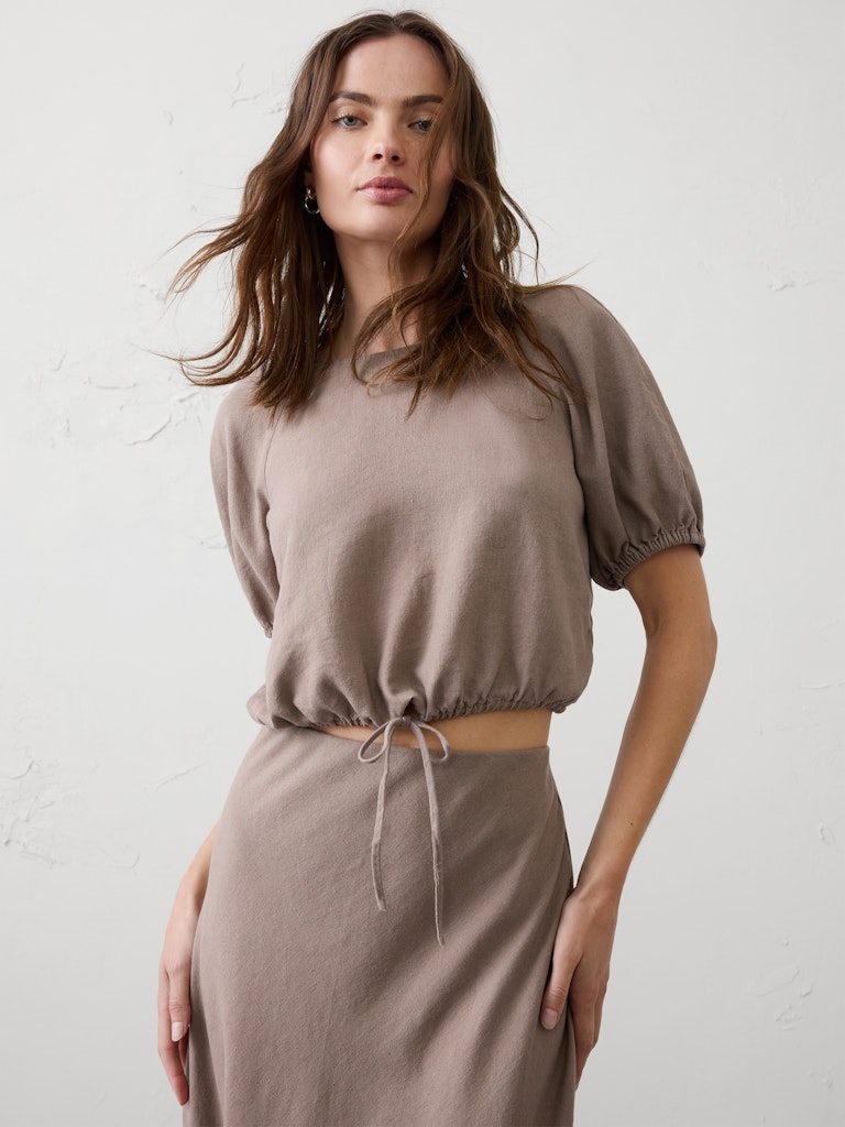 Linen-Blend Bubble-Tie Top: $37.50