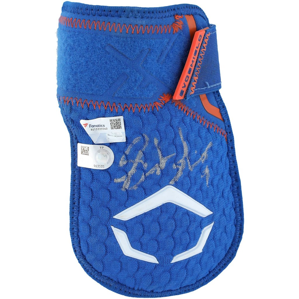 Brandon Nimmo Autographed Game-Used New York Mets EvoShield Hand Guard: $299.99 Brandon Nimmo Autographed Game-Used New York Mets EvoShield Hand Guard: $299.99