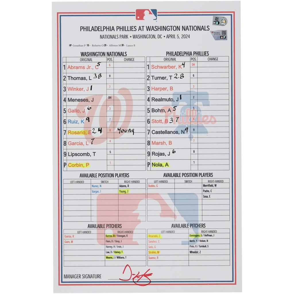 Washington Nationals vs. Philadelphia Phillies April 5, 2024 Game-Used Lineup Card: $174.99 Washington Nationals vs. Philadelphia Phillies April 5, 2024 Game-Used Lineup Card: $174.99