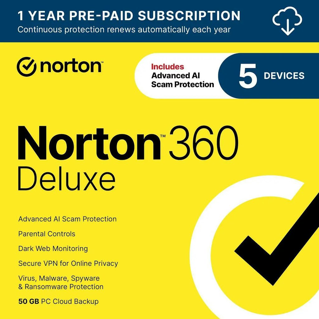 Norton 360 Deluxe Antivirus Software 5-User 1-Year Subscription: $13