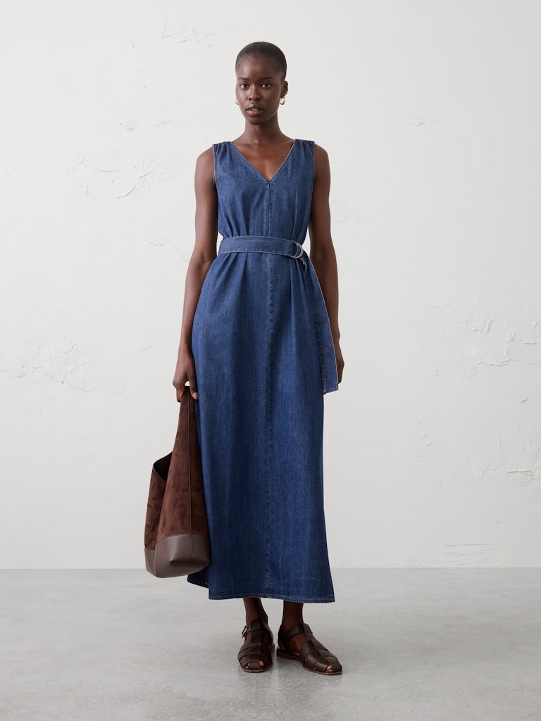Chambray Belted Maxi Dress: $70