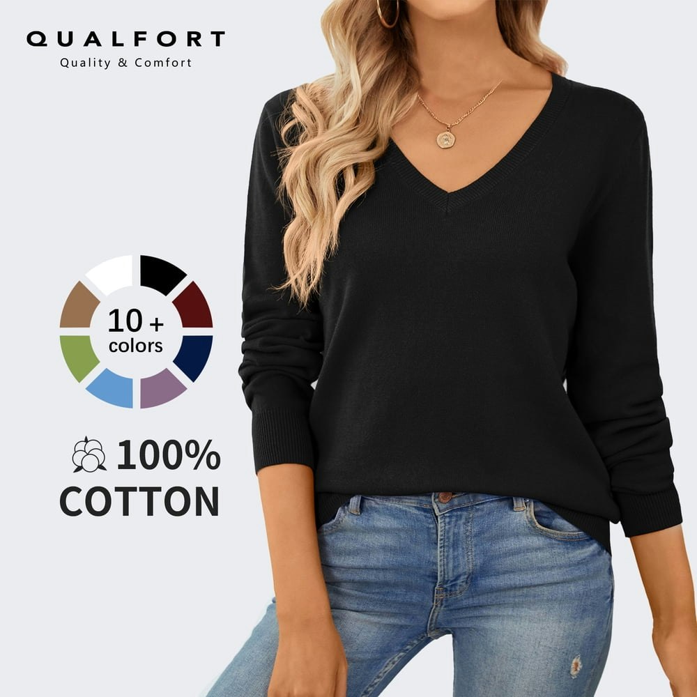 Qualfort Women's Cotton V-Neck Pullover Sweater: $17.98
