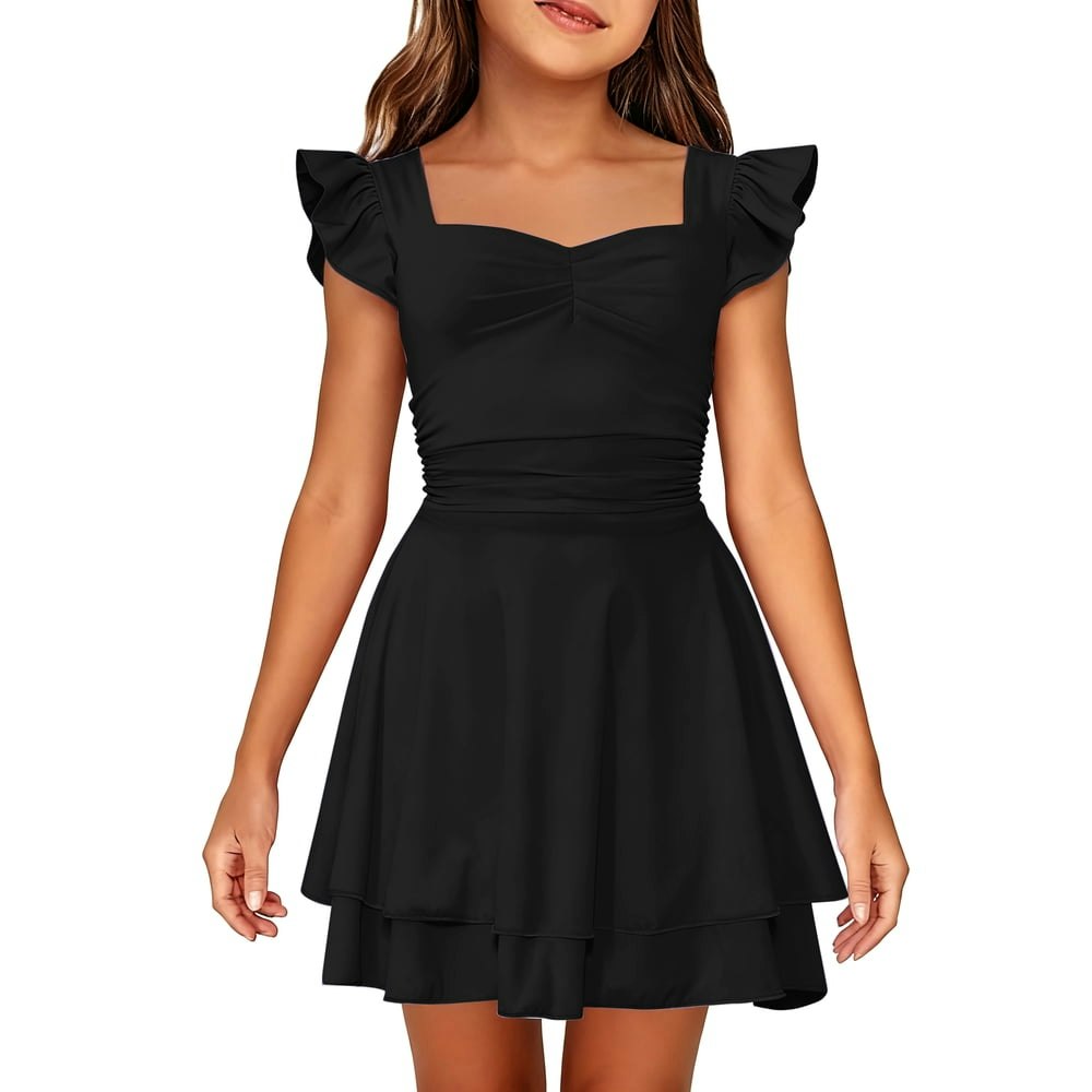Lanbubble Girls Ruched Ruffle Sleeve Tiered A-line Dress: $16.99