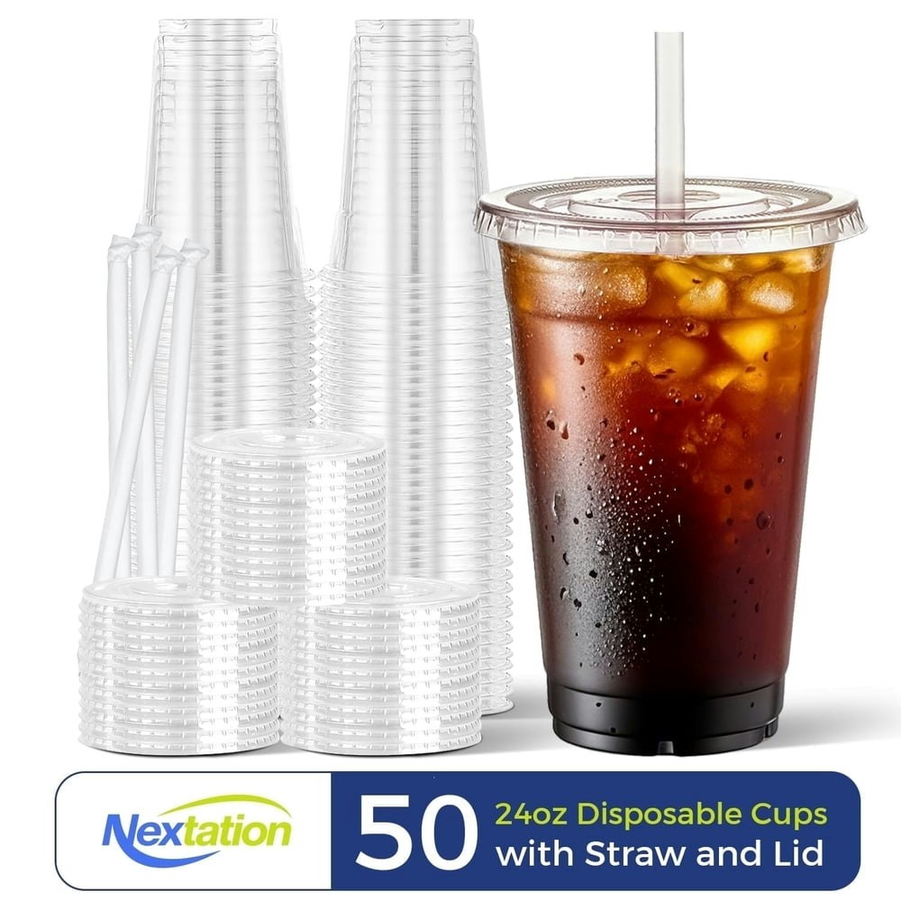 Nextation 24oz Disposable Plastic Iced Coffee Cups with Lids and Straws 50-Pack: $14.92