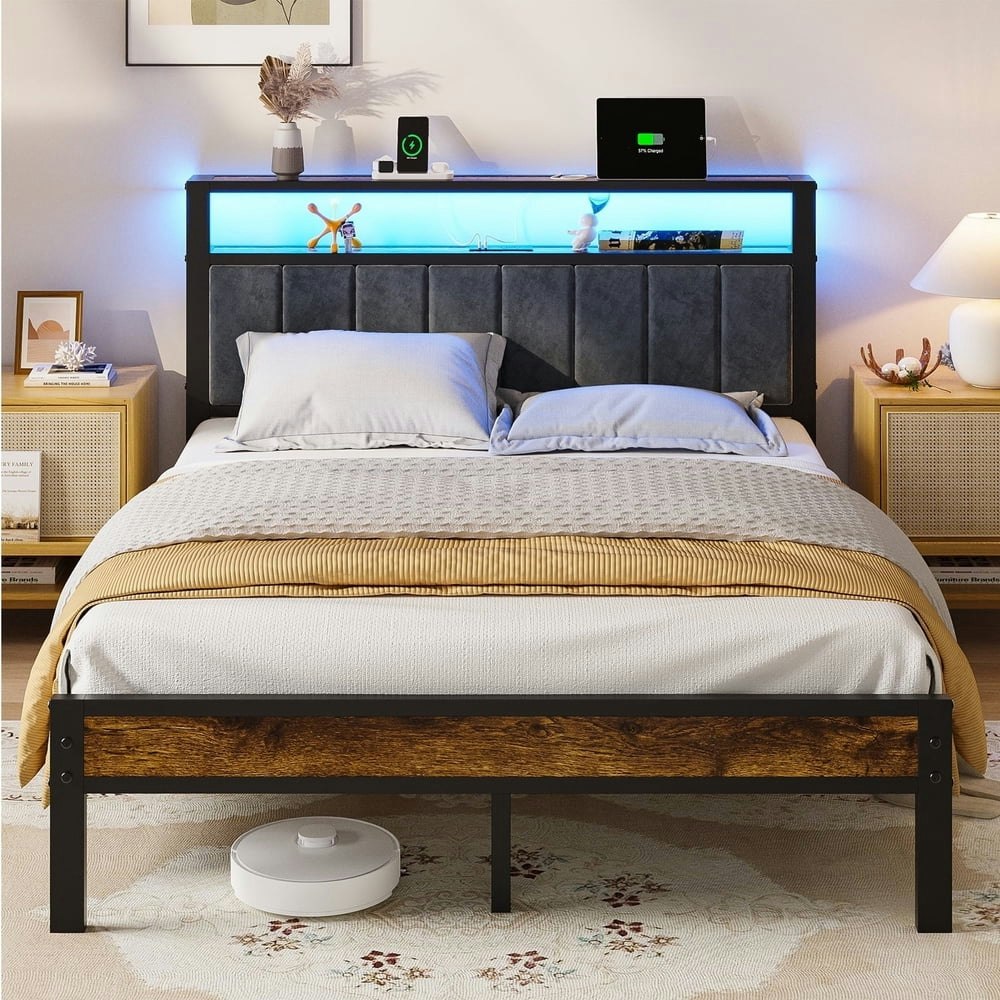 Kbun Queen Metal Platform Bed Frame with LED Storage Headboard: $71.99 Kbun Queen Metal Platform Bed Frame with LED Storage Headboard: $71.99