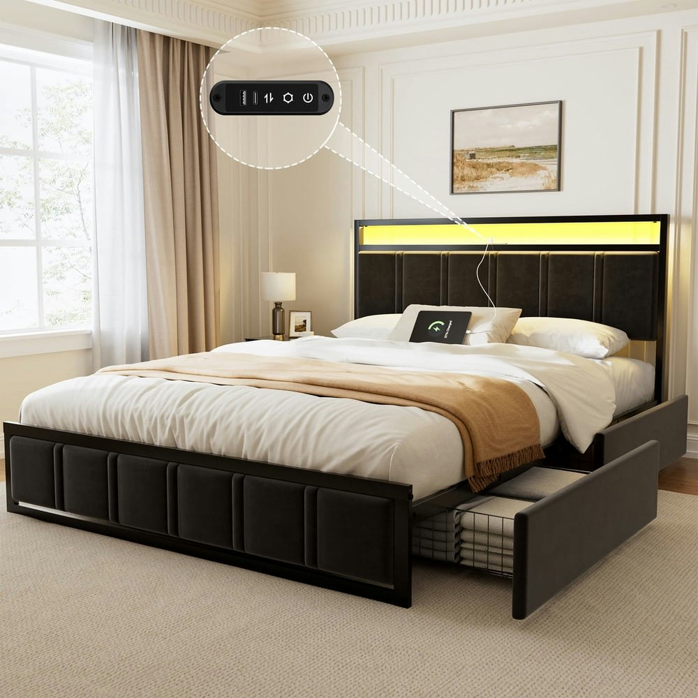 Gunaito Queen Upholstered Platform Bed with Storage Drawers, LED Lights, and Charging Station: $143.89 Gunaito Queen Upholstered Platform Bed with Storage Drawers, LED Lights, and Charging Station: $143.89