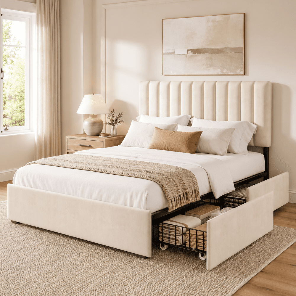 Cofunok Queen Velvet Upholstered Platform Bed Frame with 4 Storage Drawers: $189.79 Cofunok Queen Velvet Upholstered Platform Bed Frame with 4 Storage Drawers: $189.79