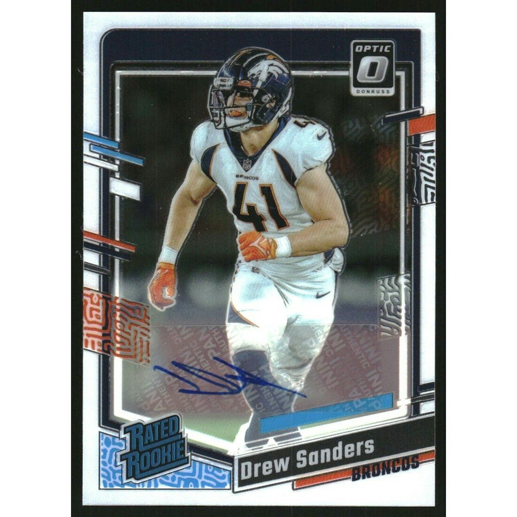 2023 Donruss Optic Drew Sanders Rated Rookie Autograph Card /199: $10.80 2023 Donruss Optic Drew Sanders Rated Rookie Autograph Card /199: $10.80