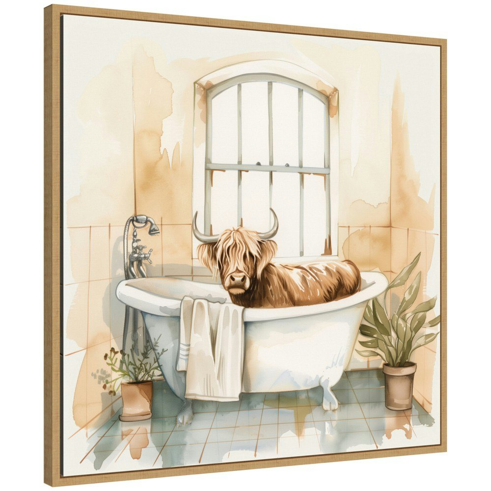 Kate & Laurel 30"x30" Highland Cow Framed Canvas Wall Art: $109.99