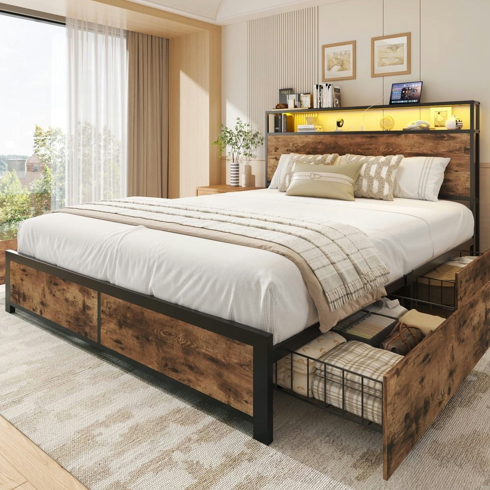 Fluest Queen Bed Frame with Storage Headboard and Drawers: $178.46