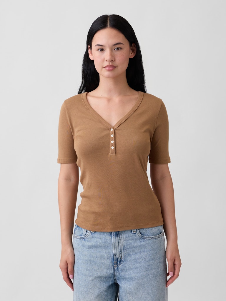 Modern Ribbed V-Neck Henley Top: $9