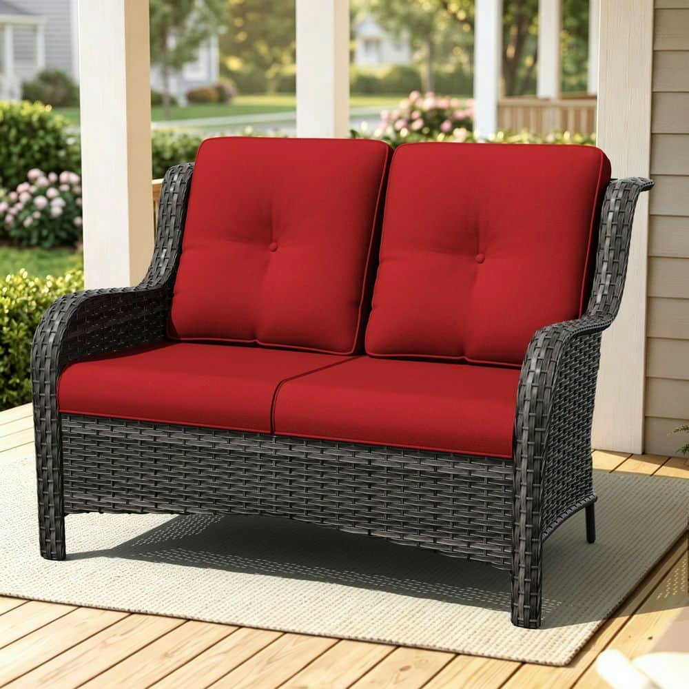 Brown Wicker Outdoor Loveseat with Cushions: $229 Brown Wicker Outdoor Loveseat with Cushions: $229