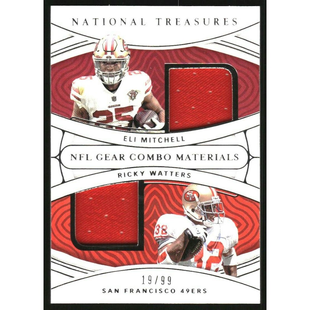2021 Panini National Treasures NFL Gear Combo Materials Eli Mitchell and Ricky Watters Card: $27 2021 Panini National Treasures NFL Gear Combo Materials Eli Mitchell and Ricky Watters Card: $27