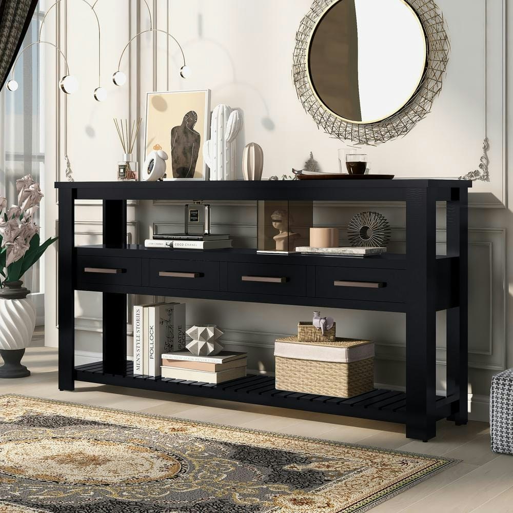 62.2-Inch Wood Console Table with Drawers and Shelves: $579 62.2-Inch Wood Console Table with Drawers and Shelves: $579