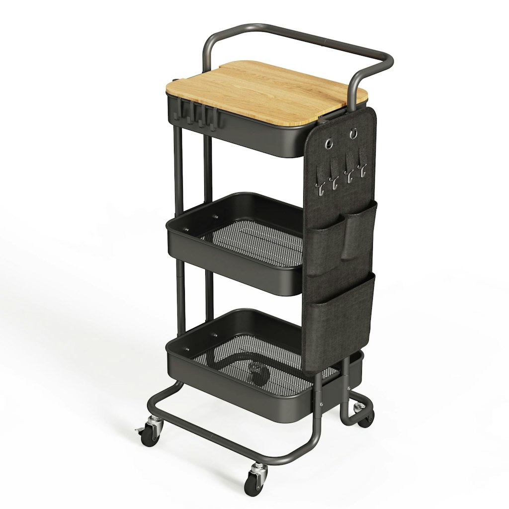 DTK 3-Tier Metal Rolling Utility Cart w/ Table Top & Side Bags: $30