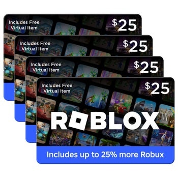 Four Roblox $25 Gift Cards w/ Exclusive Virtual Item: $90 Four Roblox $25 Gift Cards w/ Exclusive Virtual Item: $90