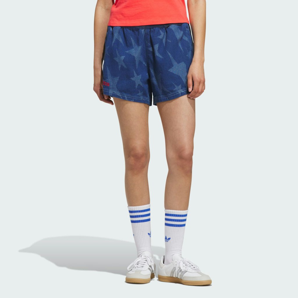 Denim Graphic Varsity Shorts: $39