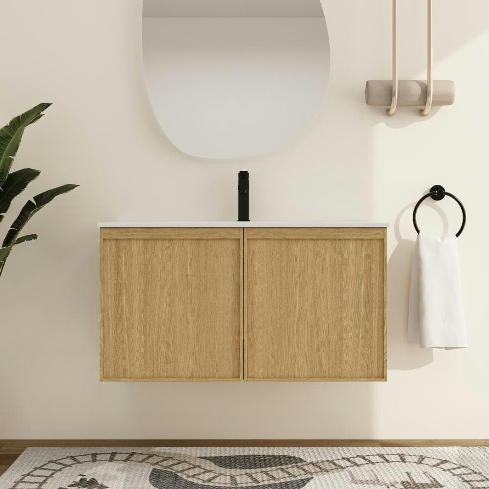 36-Inch Wall Mounted Bath Vanity in Light Oak with White Ceramic Top: $647.95 36-Inch Wall Mounted Bath Vanity in Light Oak with White Ceramic Top: $647.95