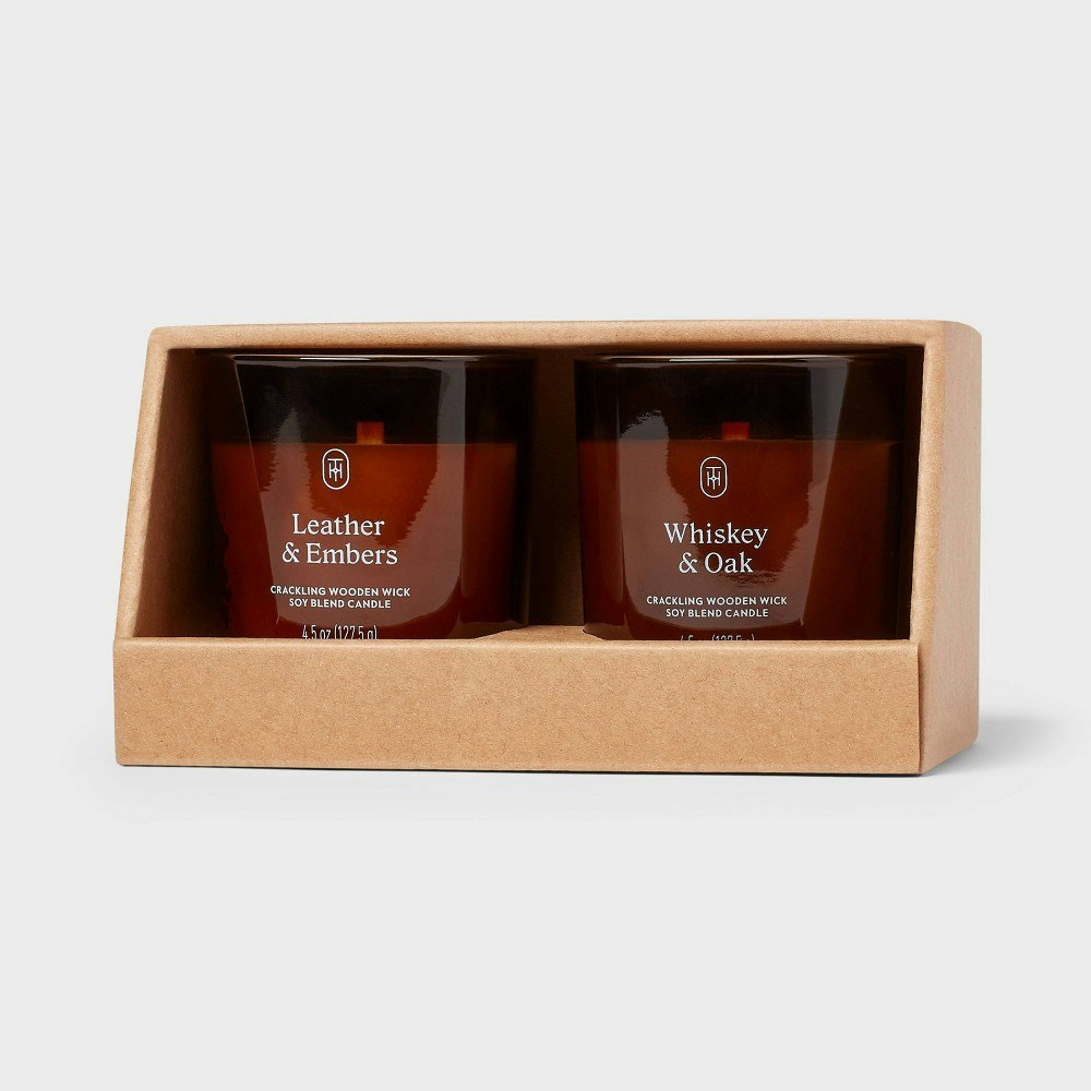 Threshold Leather and Embers and Whiskey and Oak Glass Jar Candle 2-Pack: $12 Threshold Leather and Embers and Whiskey and Oak Glass Jar Candle 2-Pack: $12