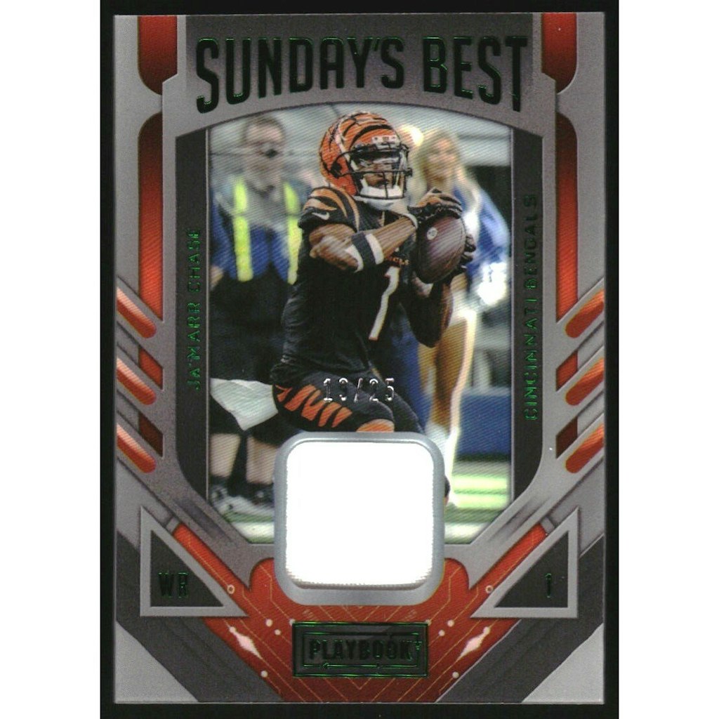 2022 Panini Playbook Ja'Marr Chase Sundays Best Materials Green Card: $36 2022 Panini Playbook Ja'Marr Chase Sundays Best Materials Green Card: $36
