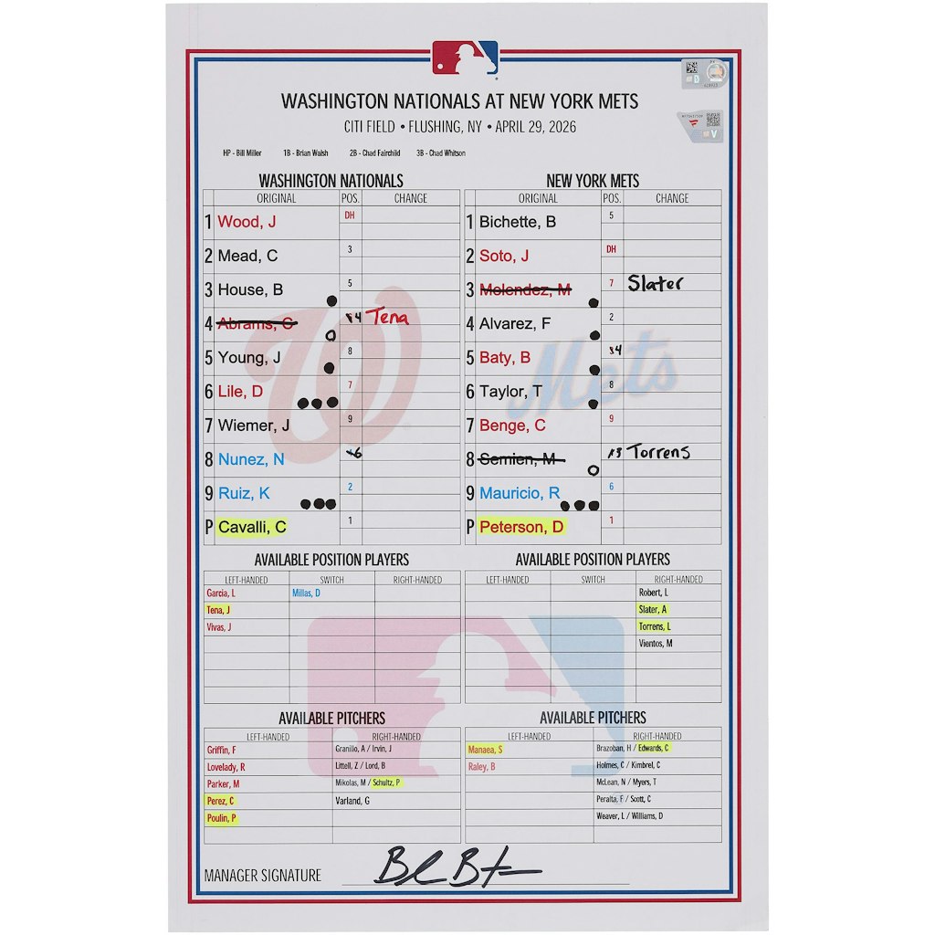 Washington Nationals vs. New York Mets April 29 2026 Game-Used Lineup Card: $174.99