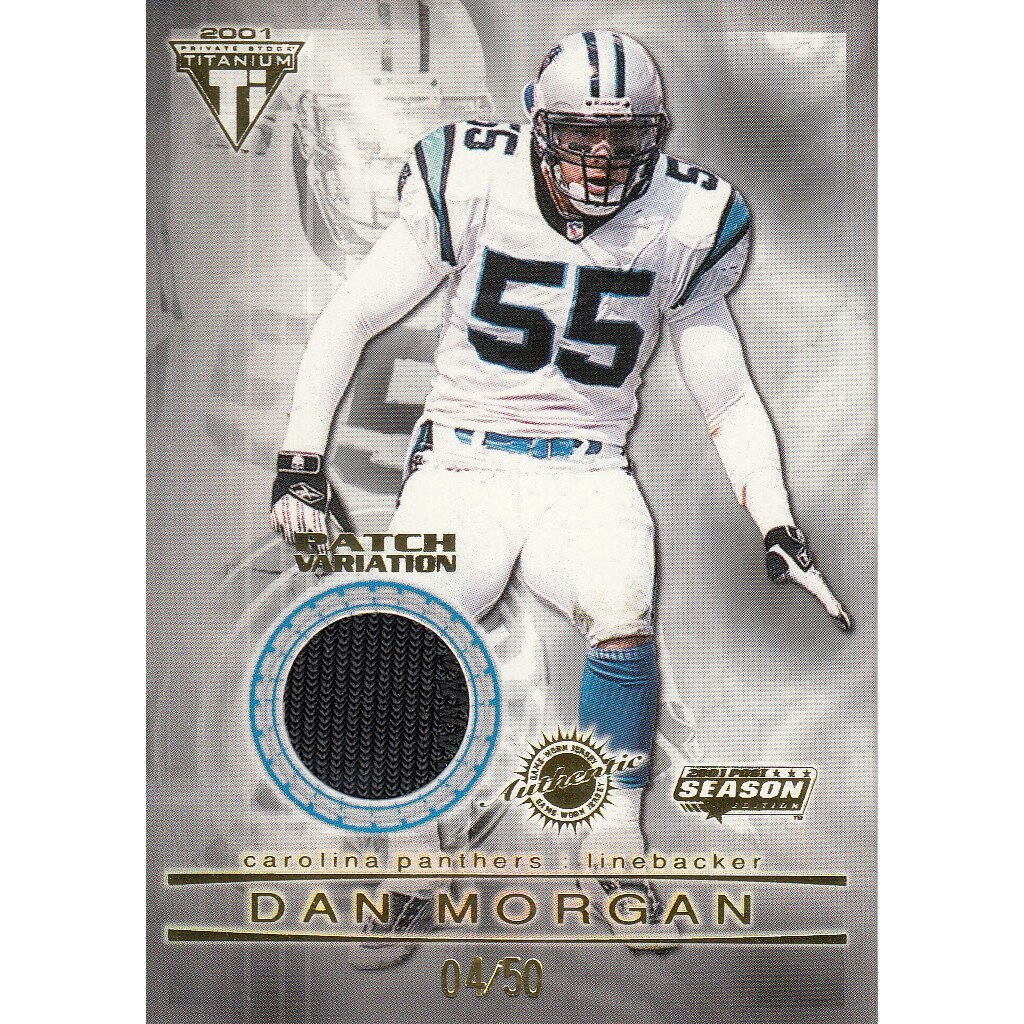 2001 Titanium Dan Morgan #18 Post Season Jersey Patch Serial-Numbered to 50: $10