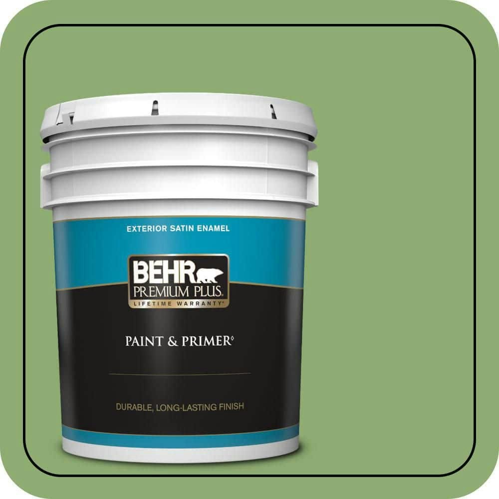 Behr Premium Plus 5-Gallon #430D-5 Geranium Leaf Satin Exterior Paint and Primer: $225 Behr Premium Plus 5-Gallon #430D-5 Geranium Leaf Satin Exterior Paint and Primer: $225