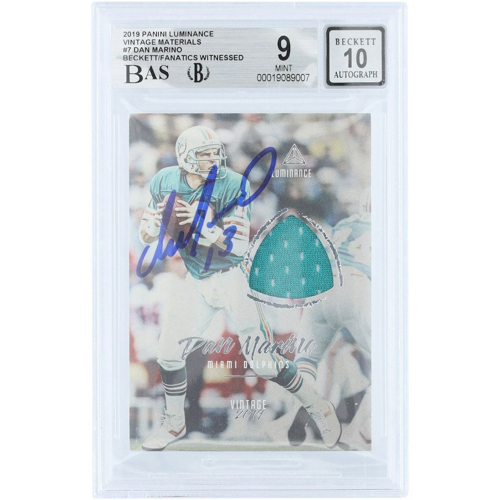 Dan Marino Miami Dolphins Autographed 2019 Panini Luminance Vintage Materials Relic Card: $599.99 Dan Marino Miami Dolphins Autographed 2019 Panini Luminance Vintage Materials Relic Card: $599.99