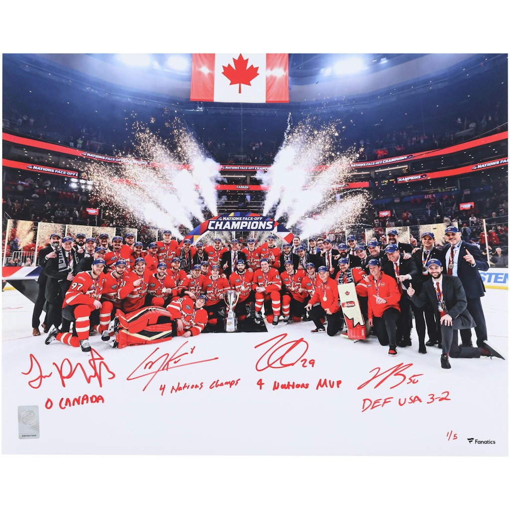 Nathan MacKinnon, Cale Makar, Sam Reinhart & Jordan Binnington Autographed 16" x 20" 4 Nations Face-Off Team Photograph: $899.99 Nathan MacKinnon, Cale Makar, Sam Reinhart & Jordan Binnington Autographed 16" x 20" 4 Nations Face-Off Team Photograph: $899.99