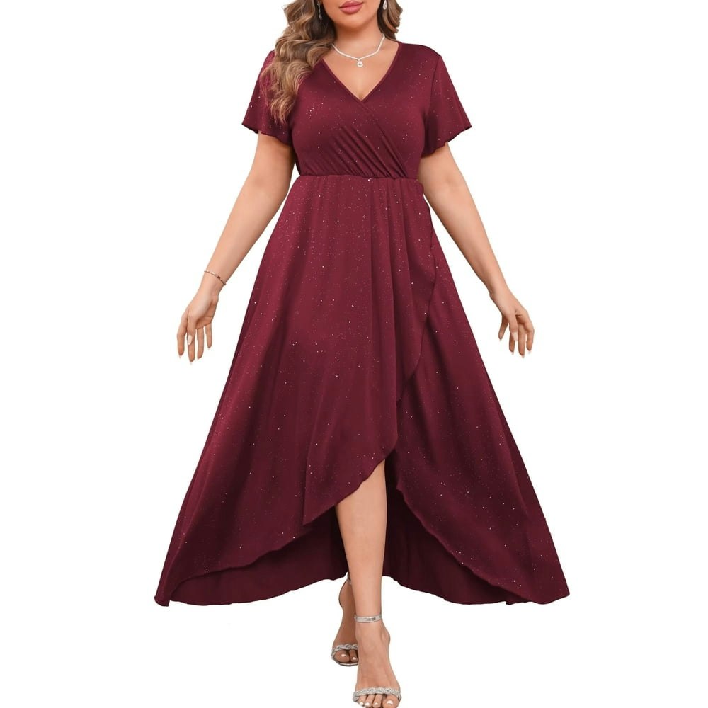 Folunsi Plus Size V-Neck Glitter Split Evening Dress: $37.99 Folunsi Plus Size V-Neck Glitter Split Evening Dress: $37.99