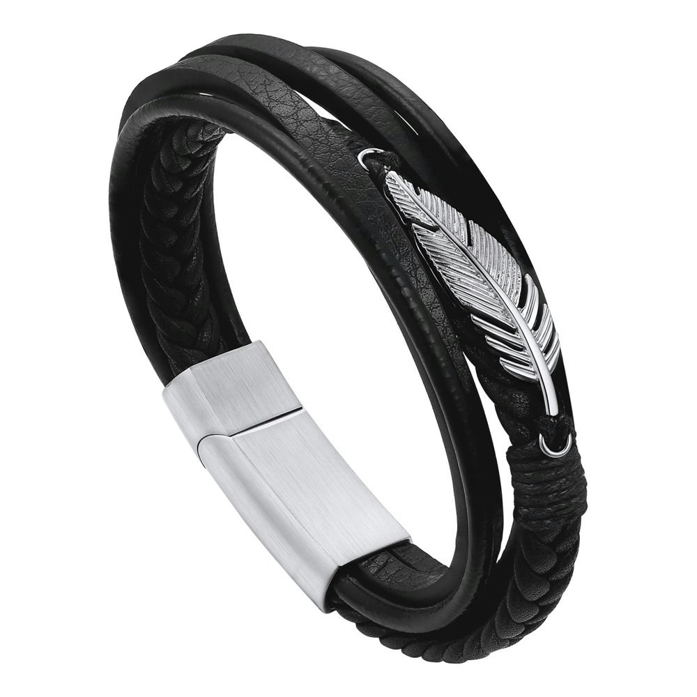 Bandmax Feather Leaf Multi-layer Leather and Stainless Steel Bracelet: $17.99
